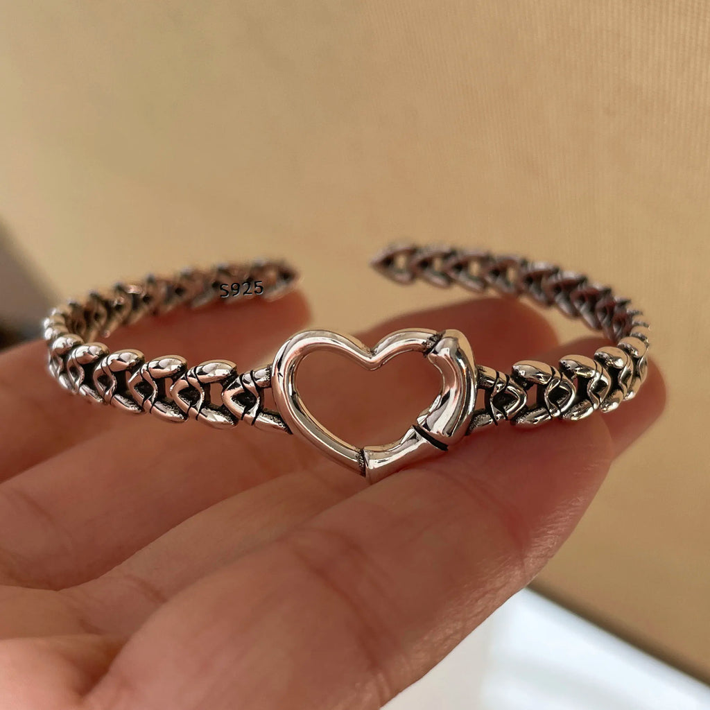 100% Solid 925 Sterling Silver Metal Bracelet for Women Vintage Handmade Simple Retro Chain Heart Bracelet Birthday Gift Party