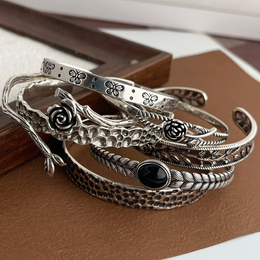 100% Solid 925 Sterling Silver Metal Bracelet for Women Vintage Handmade Simple Retro Flower Chain Bracelet Birthday Gift Party